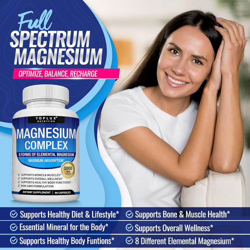 Magnesium Complex Supplement 8 Elemental 1000Mg - Magnesium Glycinate, Citrate, Malate, Taurate, Chelated for Easy Absorption for Bones, Muscle, Recovery, Energy, Vegan Non-Gmo 90 Capsules