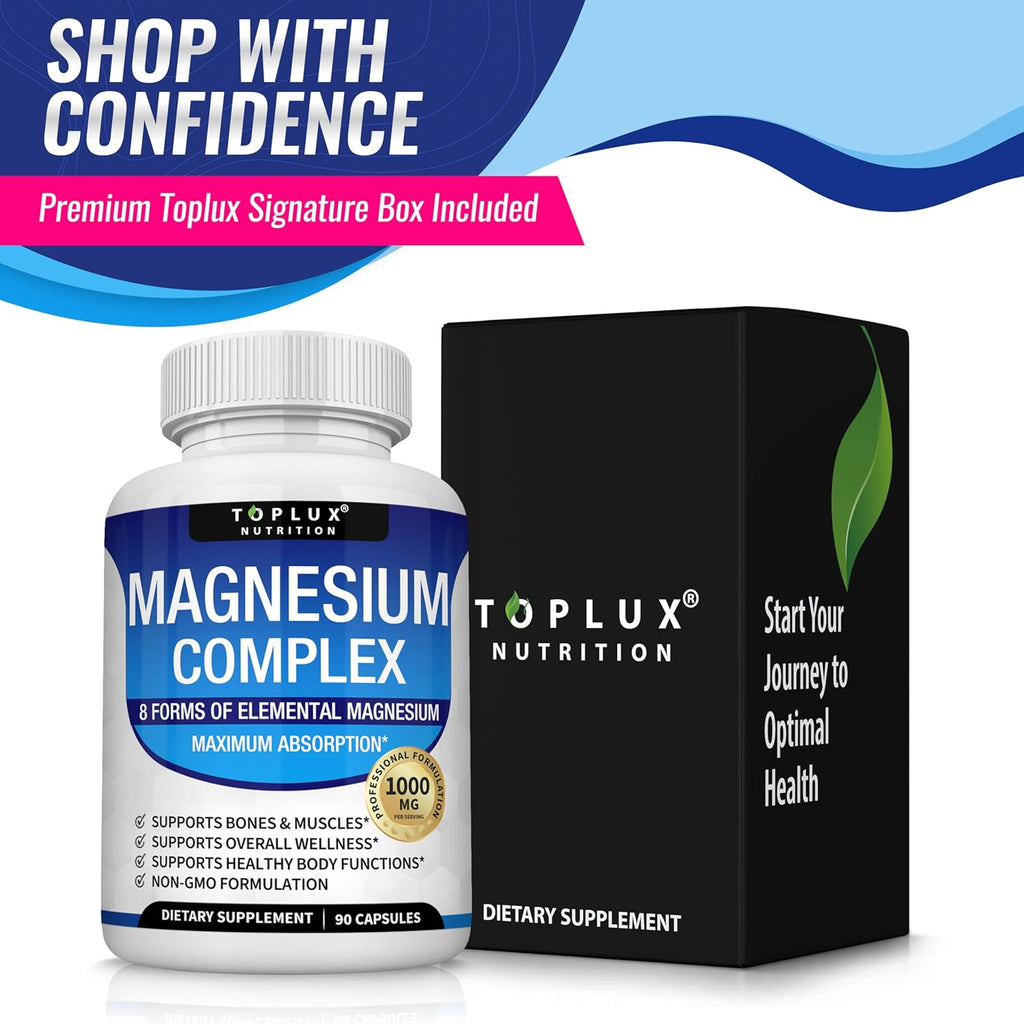 Magnesium Complex Supplement 8 Elemental 1000Mg - Magnesium Glycinate, Citrate, Malate, Taurate, Chelated for Easy Absorption for Bones, Muscle, Recovery, Energy, Vegan Non-Gmo 90 Capsules